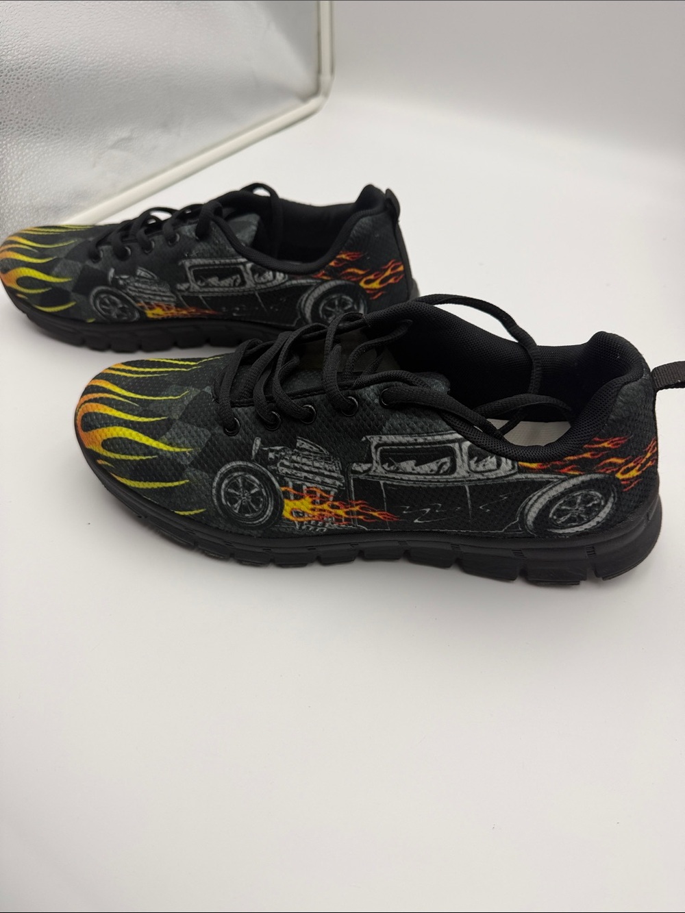 Men's Black Sneakers with Yellow & Orange Flame Car Graphic